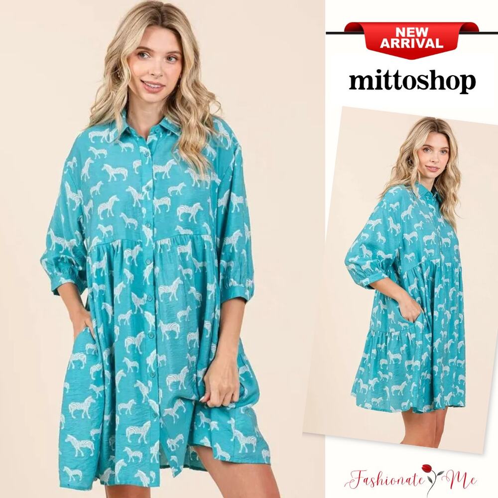 Mittoshop Zebra Pattern Button Down Side Pockets Shirt Mini Dress | Sea Green